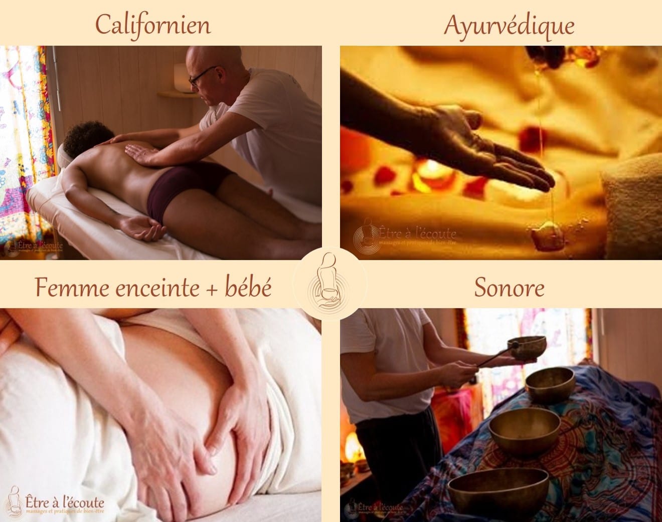 Être à l'écoute : Formations massages - Californien - Ayurvédique - Femme enceinte - Sonore